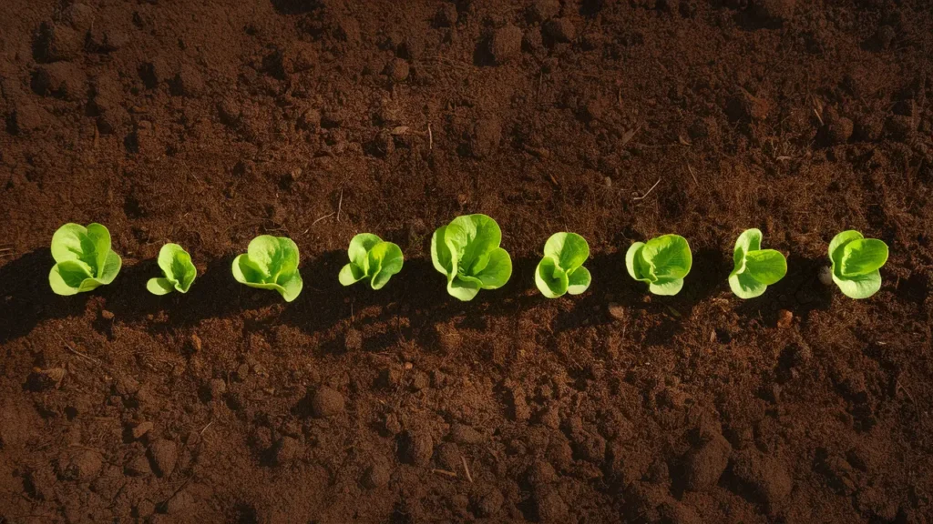 Horta urbana em varanda com alfaces verdes e vasos de ervas frescas, com cidade ao fundo sob céu azul.