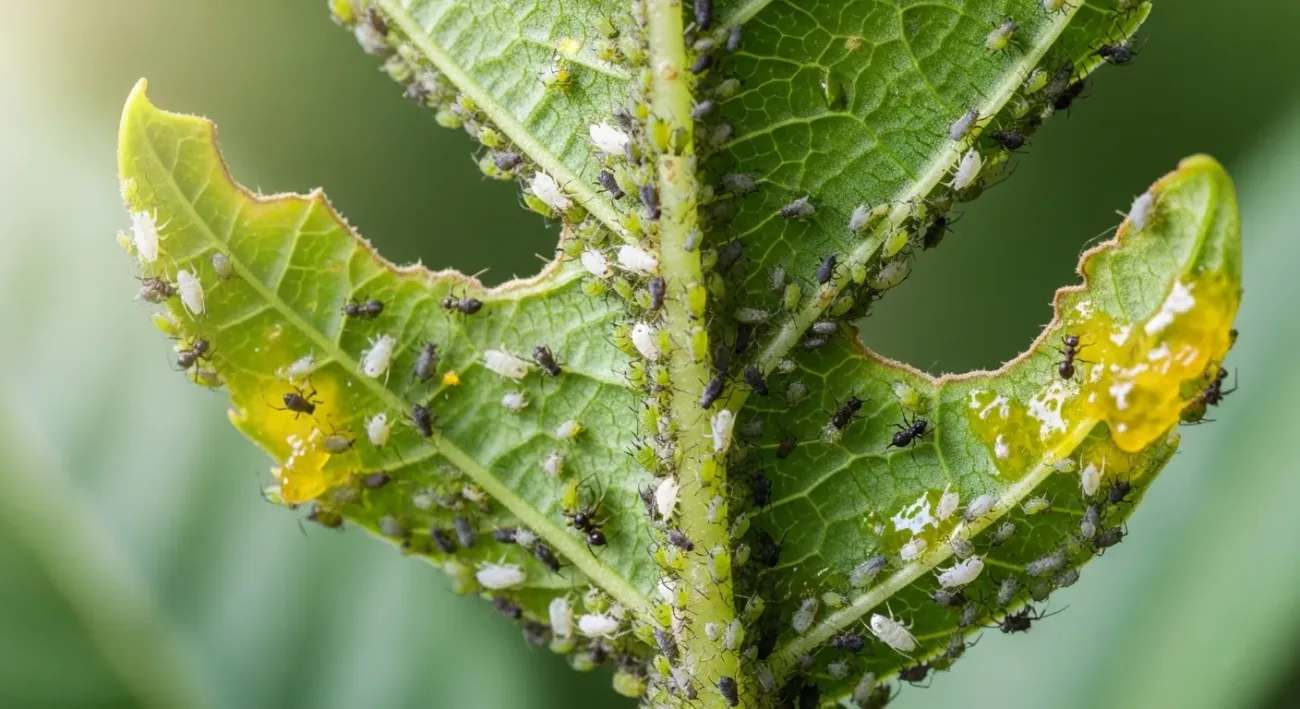 Sintomas e sinais de infestação de pulgões nas plantas
