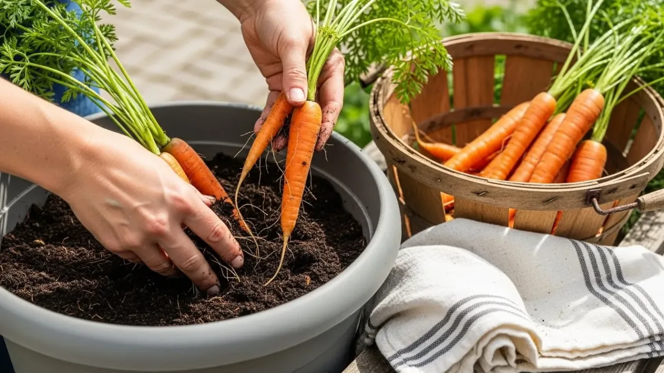 colher e armazenar cenouras plantadas em vasos