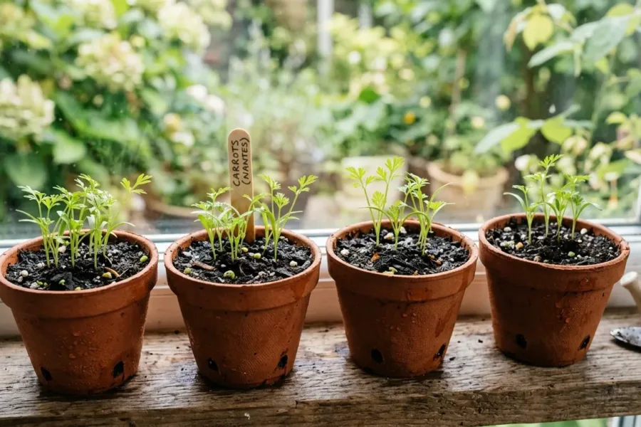 Mudas de cenoura em vaso